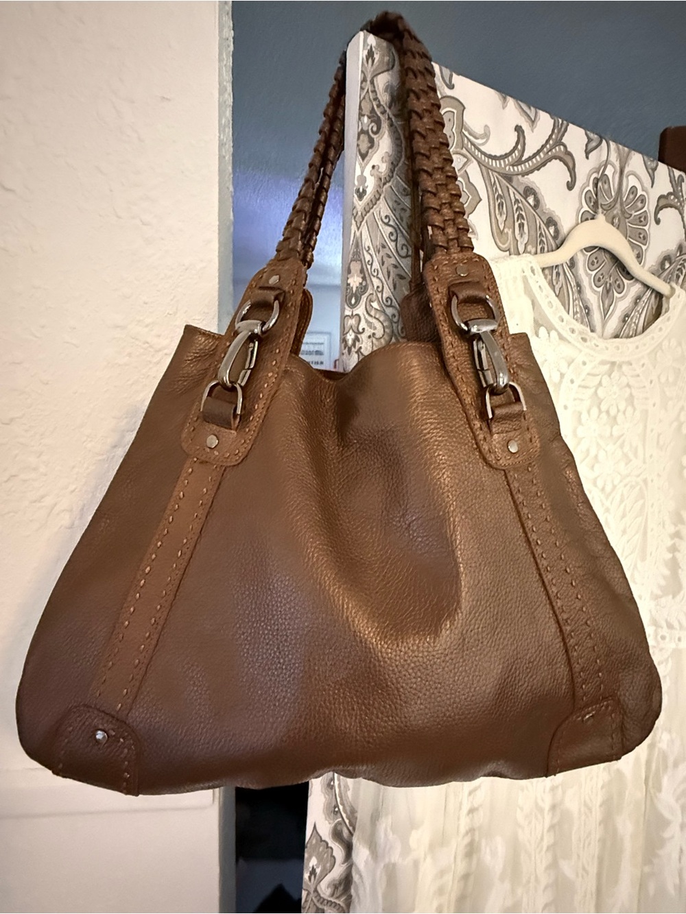 Carla Mancini Braided-Handle Brown Leather Shoulder Bag! Retail 400$ made in USA
